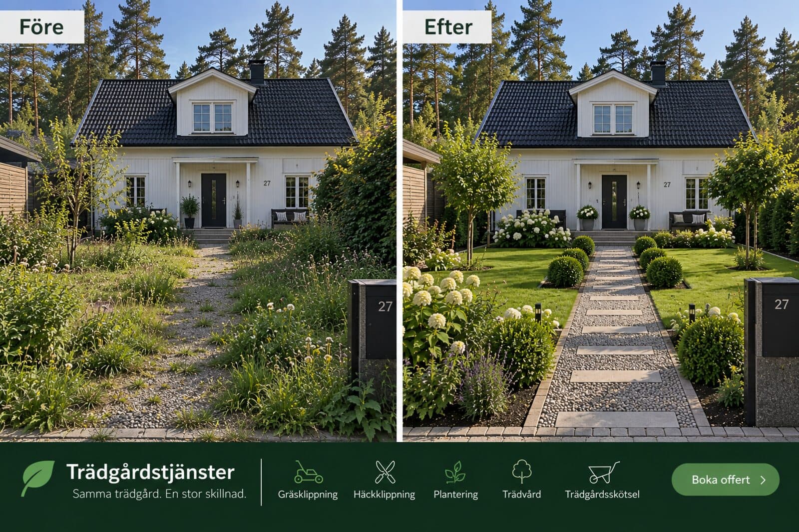 Before and after: an overgrown front garden with weeds and a gravel path turned into a welcoming entrance with a lawn, paved path and flowering beds