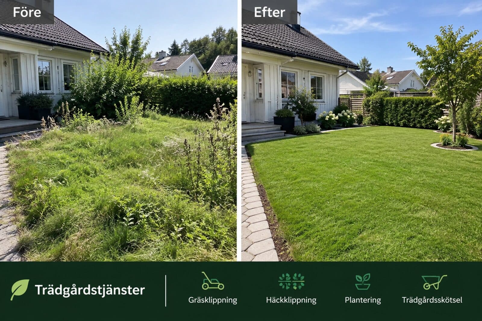 Before and after: an overgrown lawn full of weeds turned into an even, freshly mown lawn with a trimmed hedge and new planting