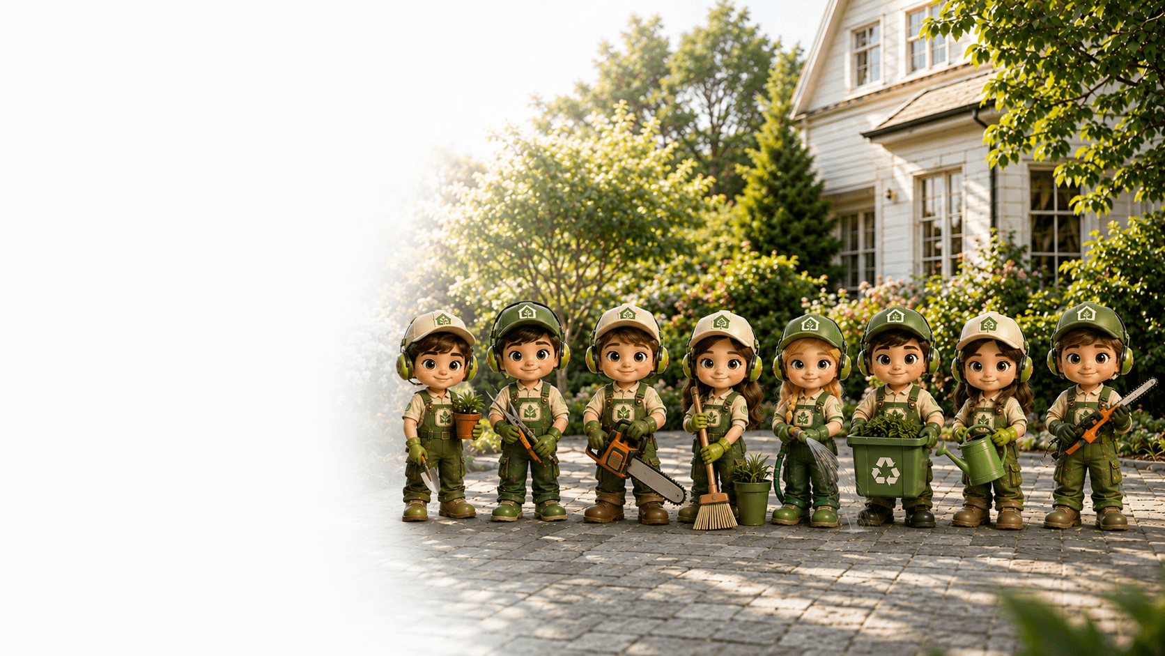 The Service Plus team lined up in front of a house with a well-kept garden