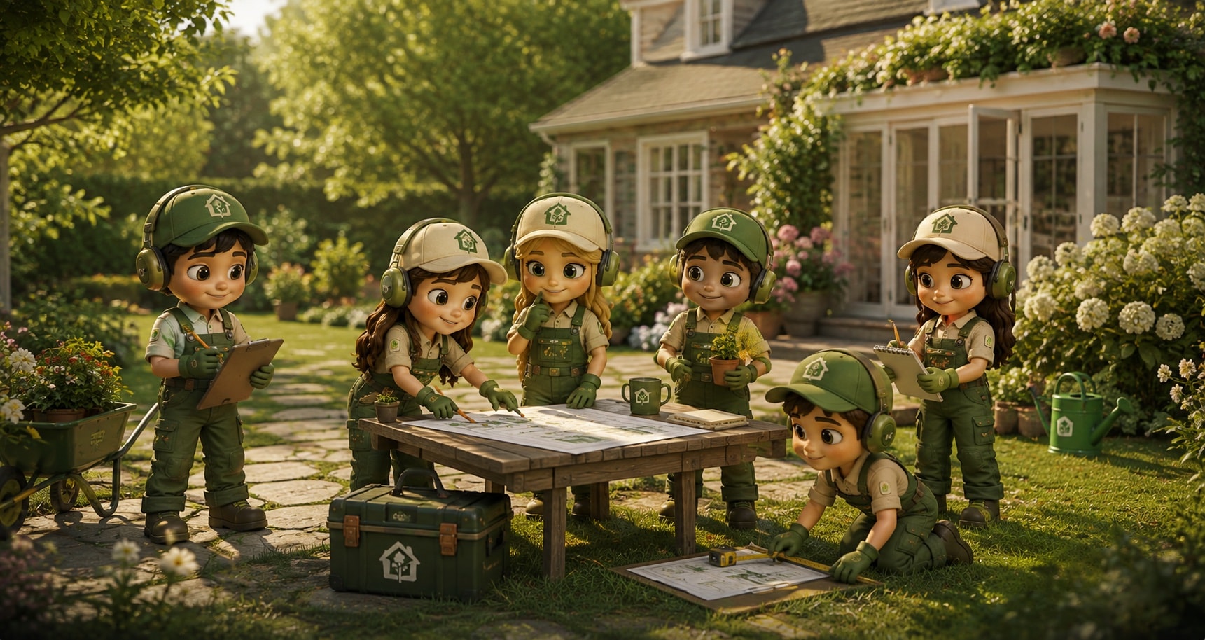 The Service Plus team planning a garden job around a table